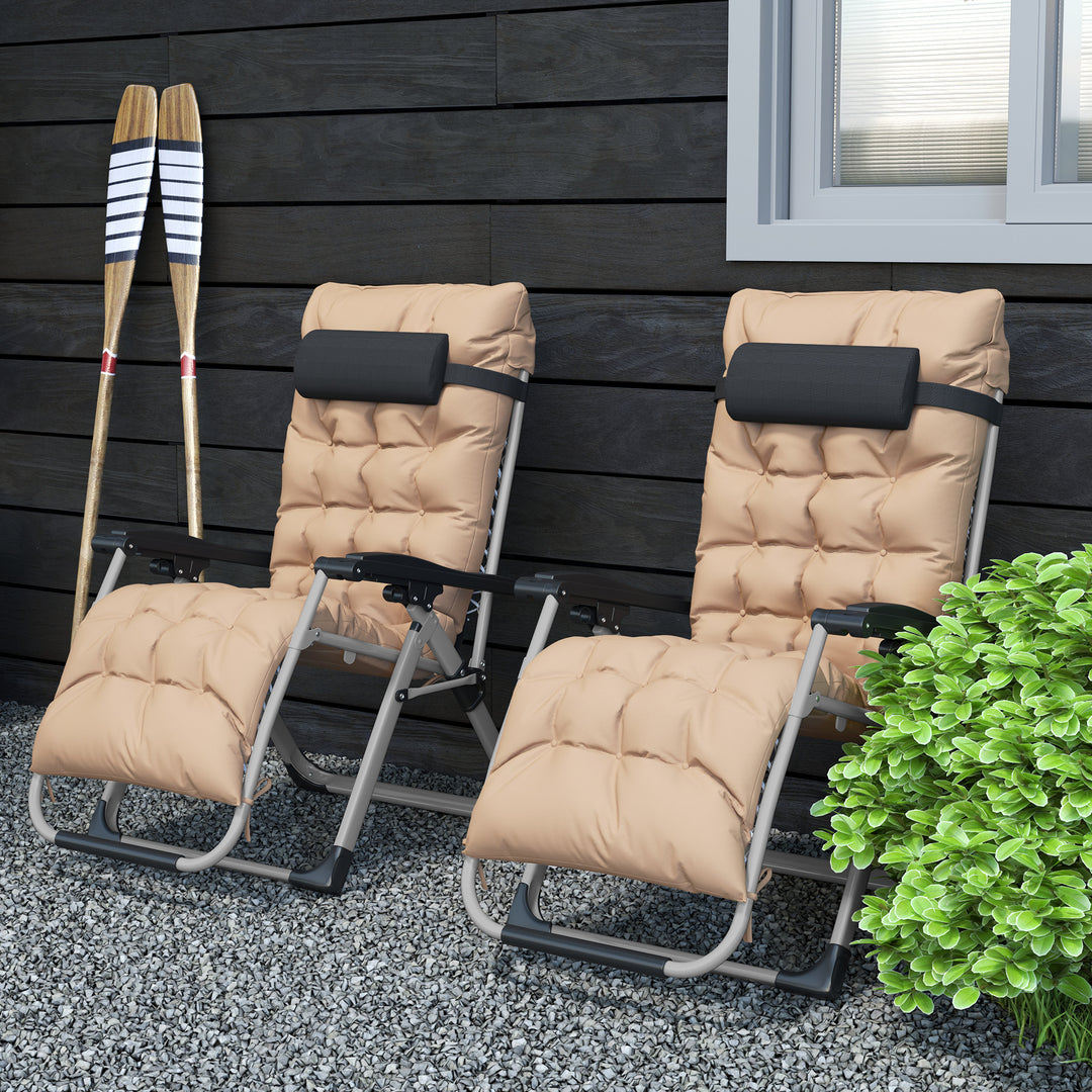 2 Piece Reclining Zero Gravity Sun Loungers with Cushions, Khaki