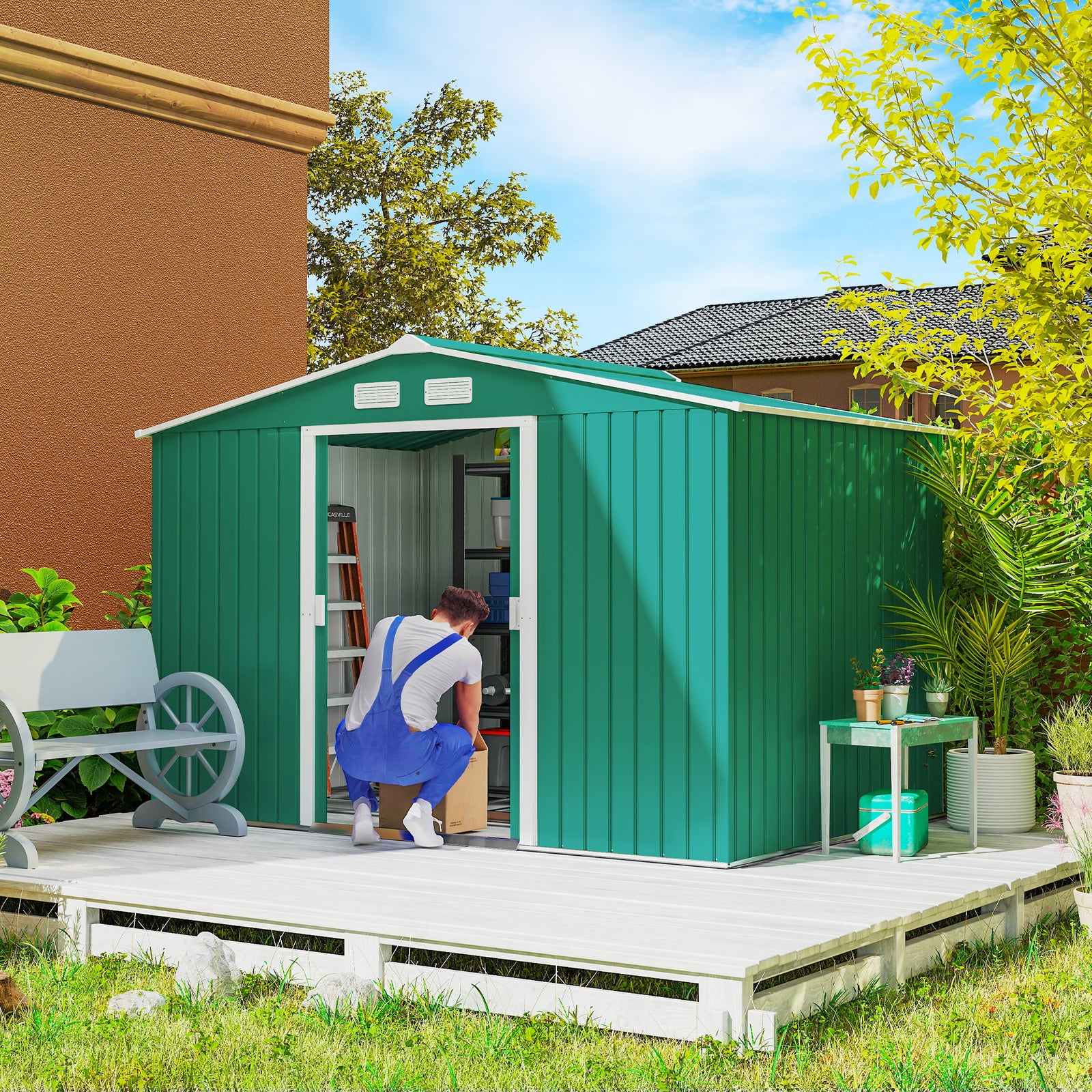 9 x 6ft Metal Garden Shed, Outdoor Storage Tool House with Ventilation Slots, Foundation Kit and Lockable Double Doors, Green
