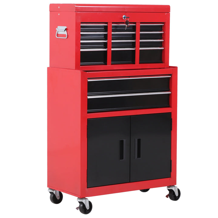 Tool Chest, Metal Tool Cabinet on Wheels with 6 Drawers, Pegboard, Top Chest and Roller Cabinet Combo, 61.6 x 33 x 108cm, Red and Black