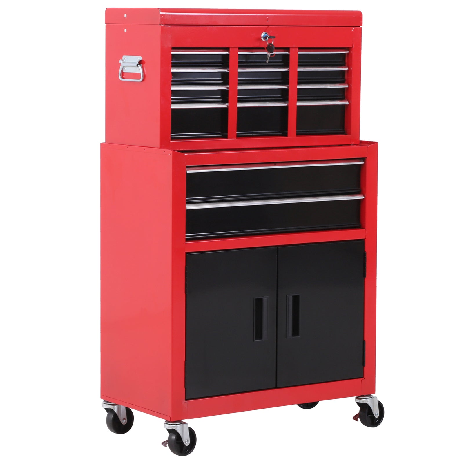 Tool Chest, Metal Tool Cabinet on Wheels with 6 Drawers, Pegboard, Top Chest and Roller Cabinet Combo, 61.6 x 33 x 108cm, Red and Black