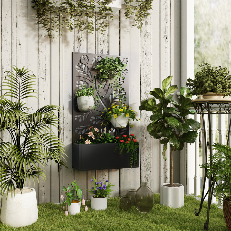 Outdoor Metal Planter, with Back Trellis - Black