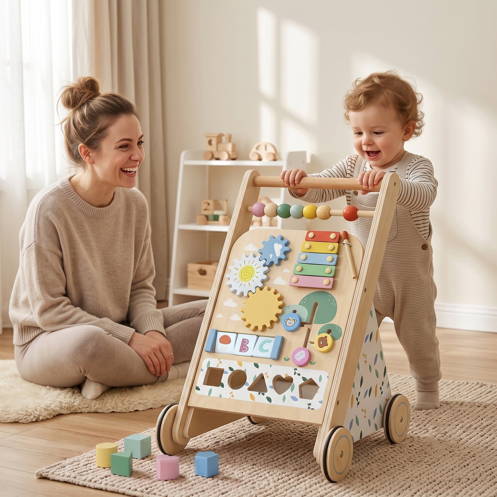 Wooden Baby Walker, Toddler Push Along Walker with Speed Control, Acti