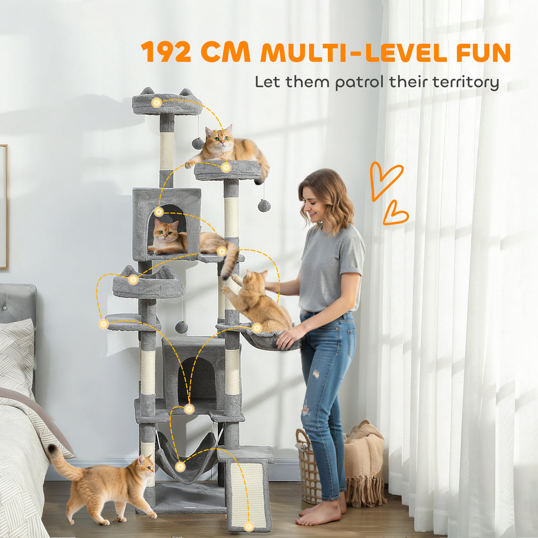Cat Tree, 192 cm Large Multi-Level Cat Tower for Indoor Kittens with 8