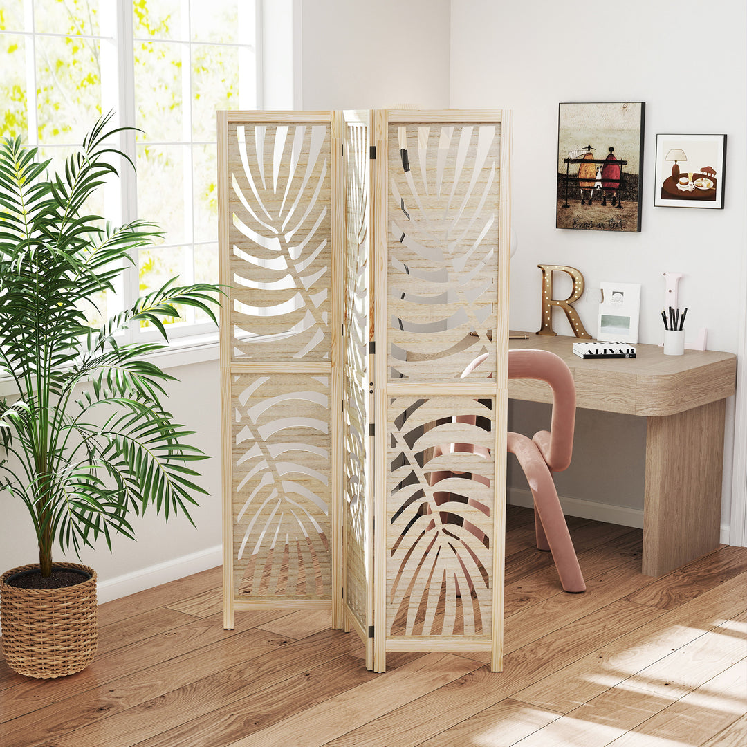 3 Panel Room Divider, Detachable Folding Privacy Screens with Palm Leaf Design for Home Office