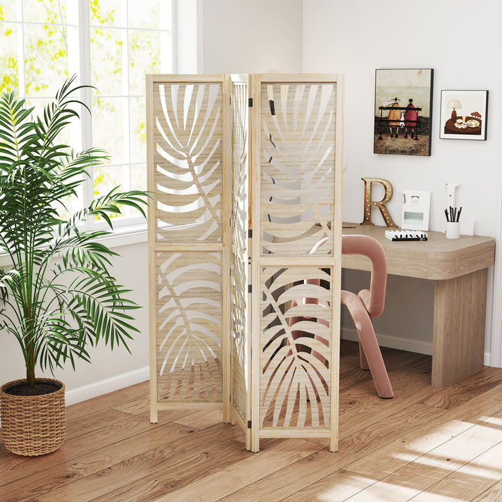 3 Panel Room Divider, Detachable Folding Privacy Screens with Palm Leaf Design for Home Office