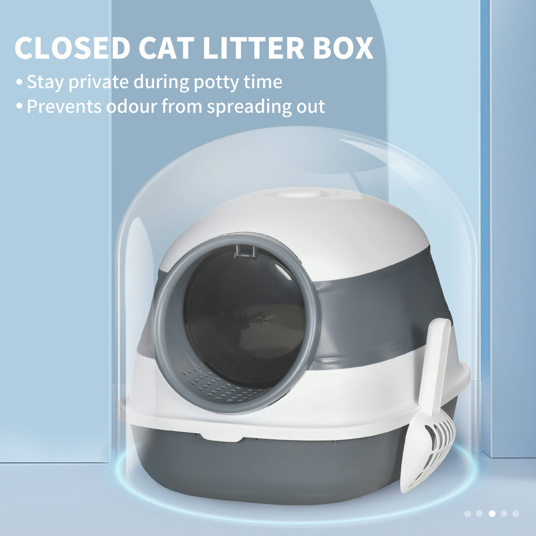 PawHut Cat Litter Tray with Lid, Hooded Cat Litter Box with High Sides, Deodorant, No Litter Spill, Large Two-way Entrance, Scoop Included | Aosom UK