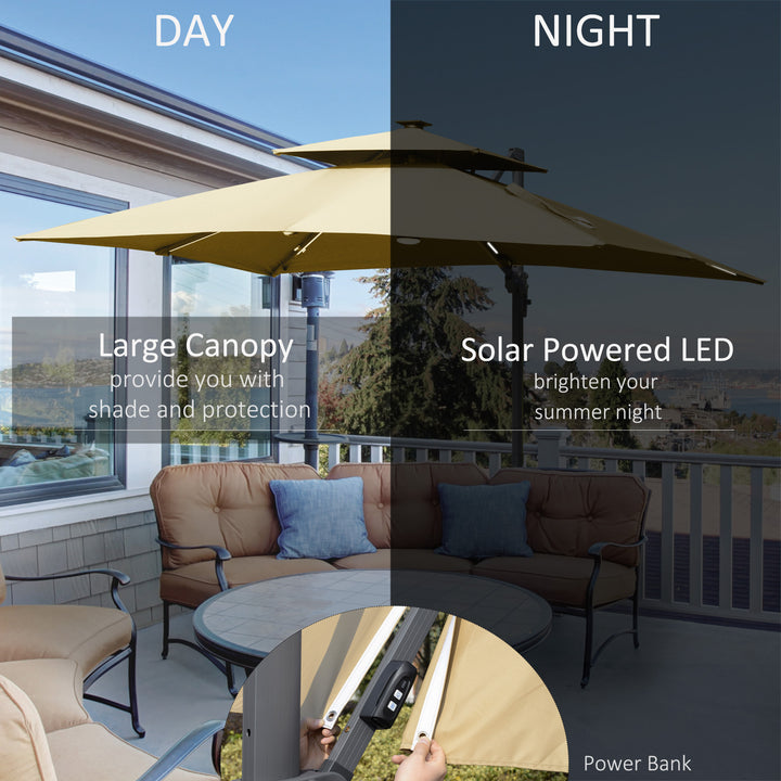 3m Cantilever Parasol, Outdoor Offset Patio Umbrella, Solar LED Lighted Hanging Sun Shade Canopy with Tilt and Crank Handle, Cross Base for Lawn, Khaki