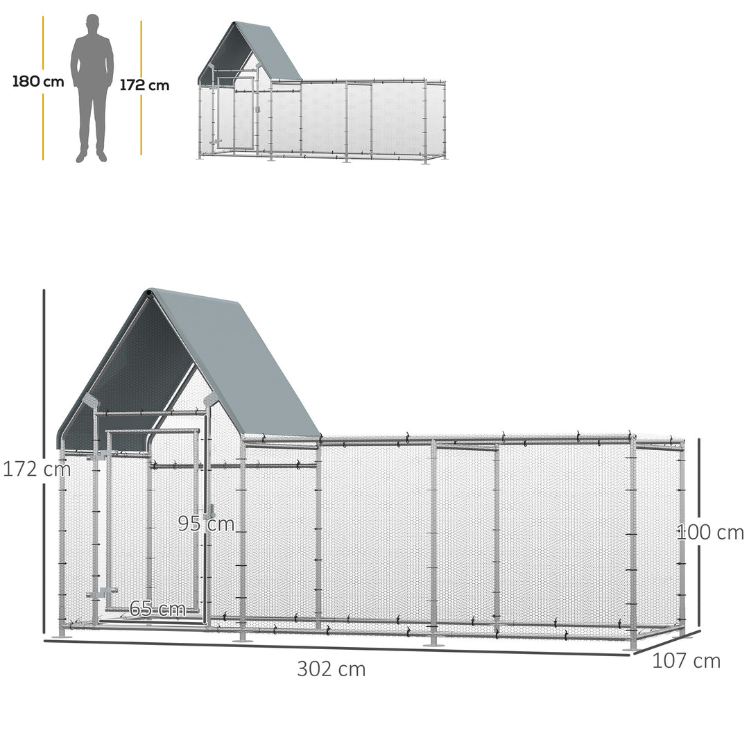 Walk In Chicken Run Chicken Coop, Large Poultry Cage Hen House for 6-8 Chickens Outdoor w/ Water-Resist Cover 302 x 107 x 172cm