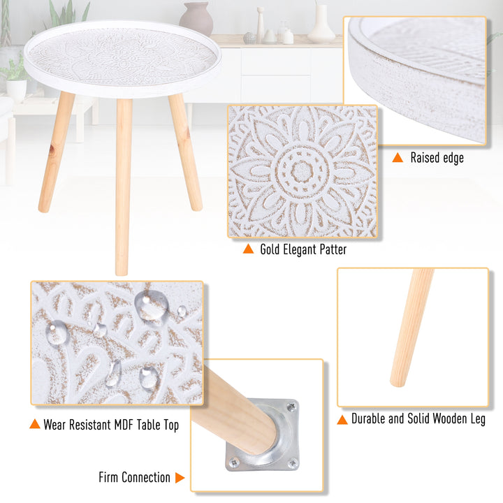 MCL Coffee Table, Carved Floral Round Table with Tray-style Top and Wood Legs, Modern Side Table for Living Room, White