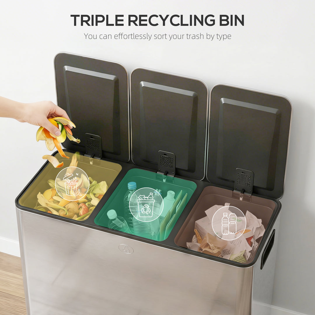 3 x 20L Pedal Bin, Steel Triple Kitchen Bin with Soft Close Lid, Remov