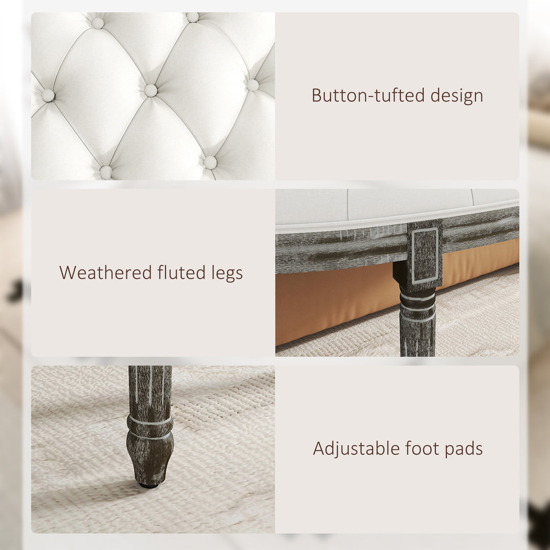 MCL Half-Circle End Bench Ottoman Footstool Tufting Padded Seat Brushed Wood Base Antique Accents Home Seat Furniture Cream White and Light Wood Grain Leg