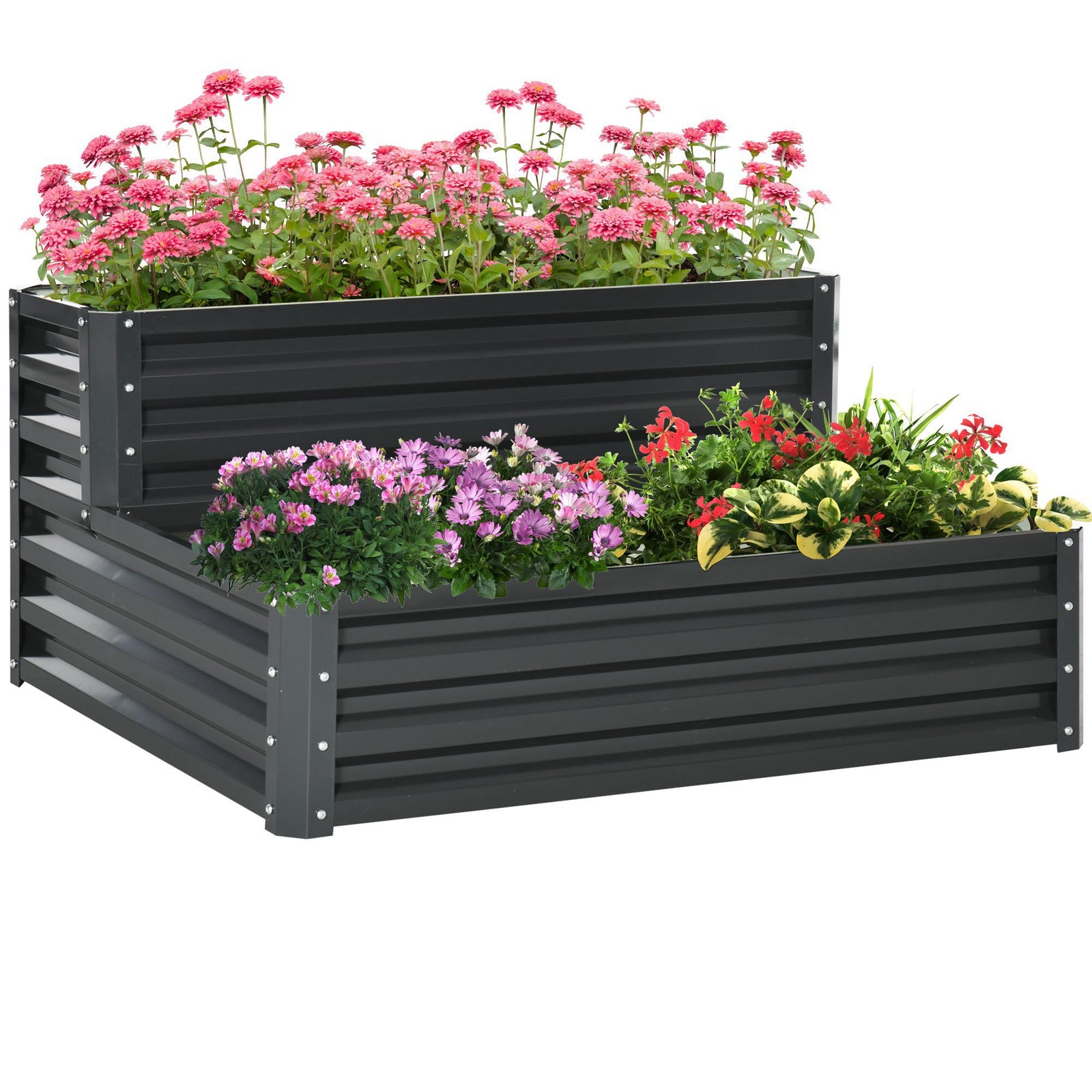 2 Tier Raised Garden Bed, Galvanised Planter Box with Open Bottom for Vegetables Flowers Herbs, 120x101x58cm, Dark Grey