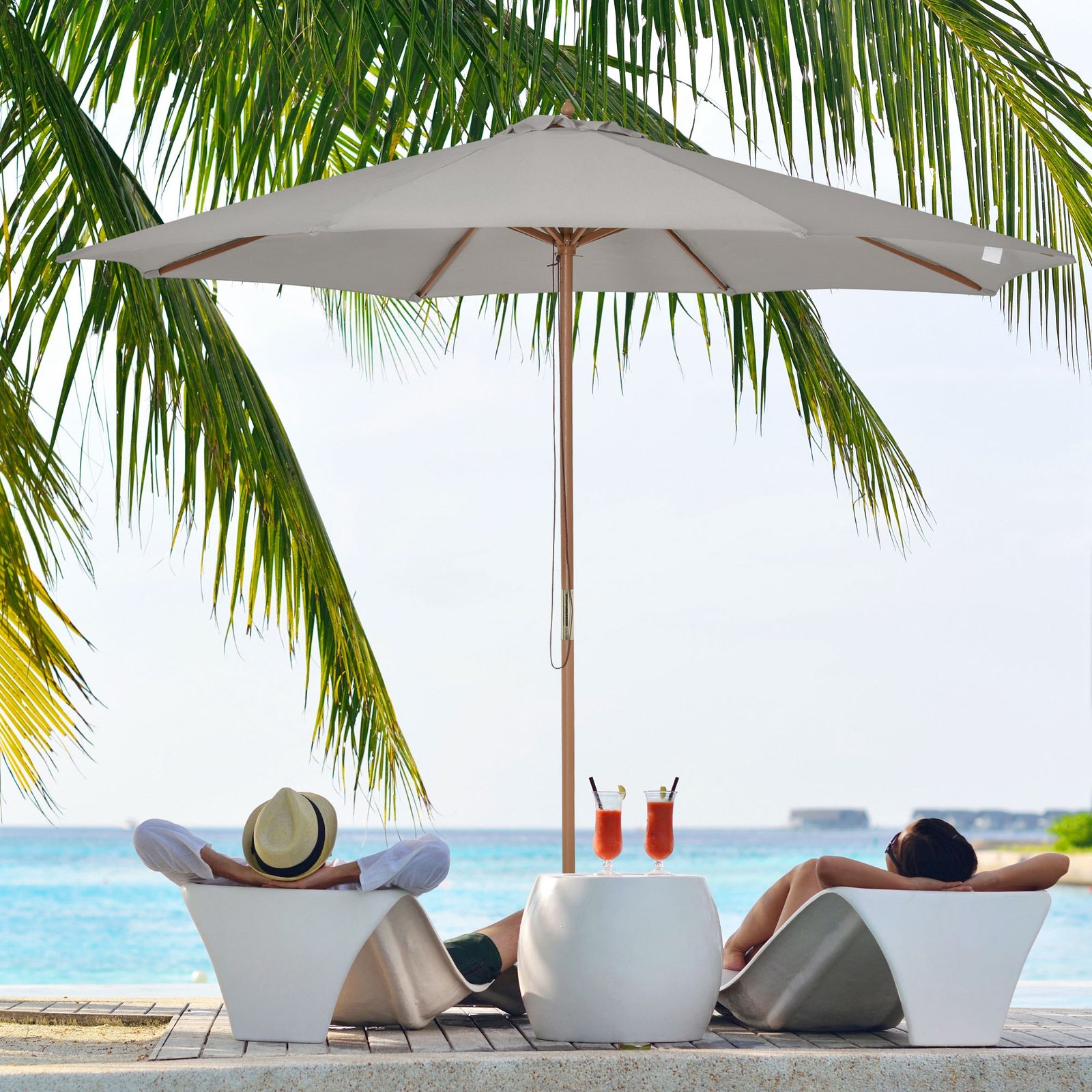 3(m) Garden Parasol, Pulley Operated Patio Umbrella, Wooden Table Market Umbrella with Rope Pulley Mechanism and 8 Ribs, Grey