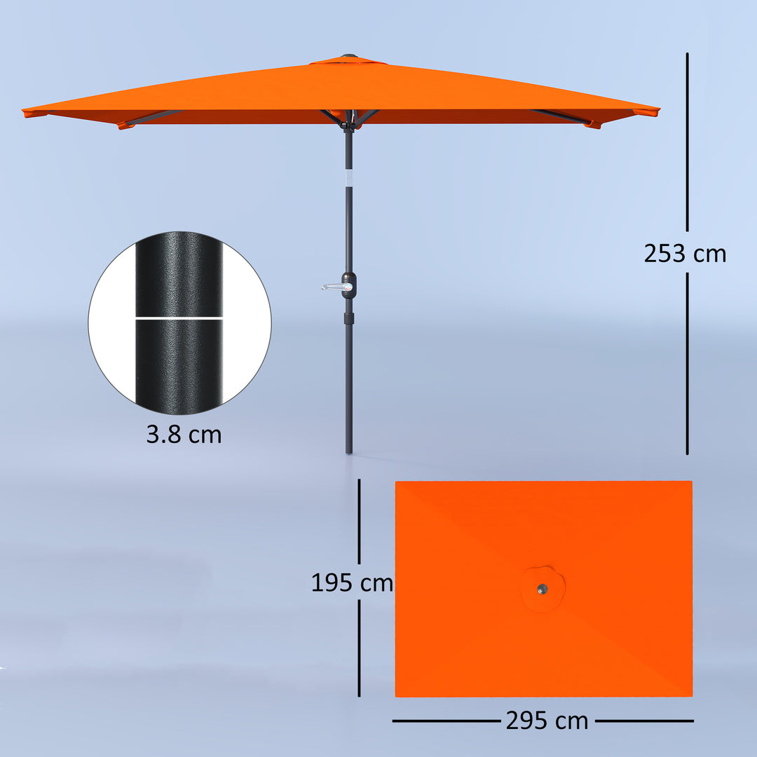 3x2m Patio Parasol Garden Umbrellas Canopy with Aluminium Tilt Crank Rectangular Sun Shade Steel, Orange