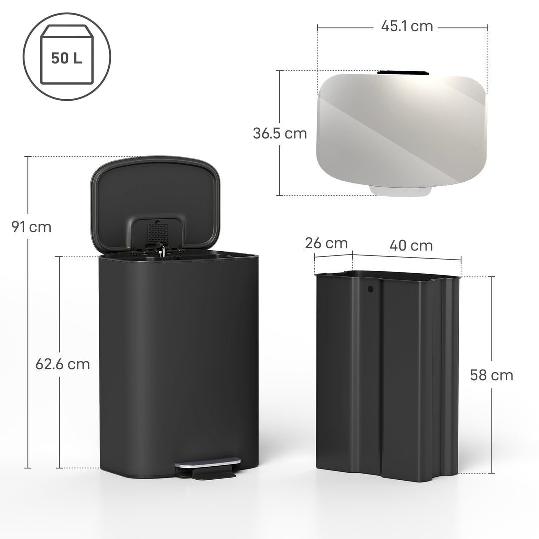 MCL 50L Kitchen Bin with Soft-Close Lid and Stay-Open Function, Stainless Steel Pedal Bin with Removable Inner Bucket, Carry Handle for Kitchen, Office, Home, Black