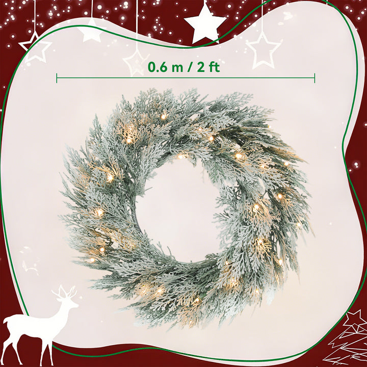 HOMCOM 60cm/ 24inch Flocked Prelit Christmas Wreath