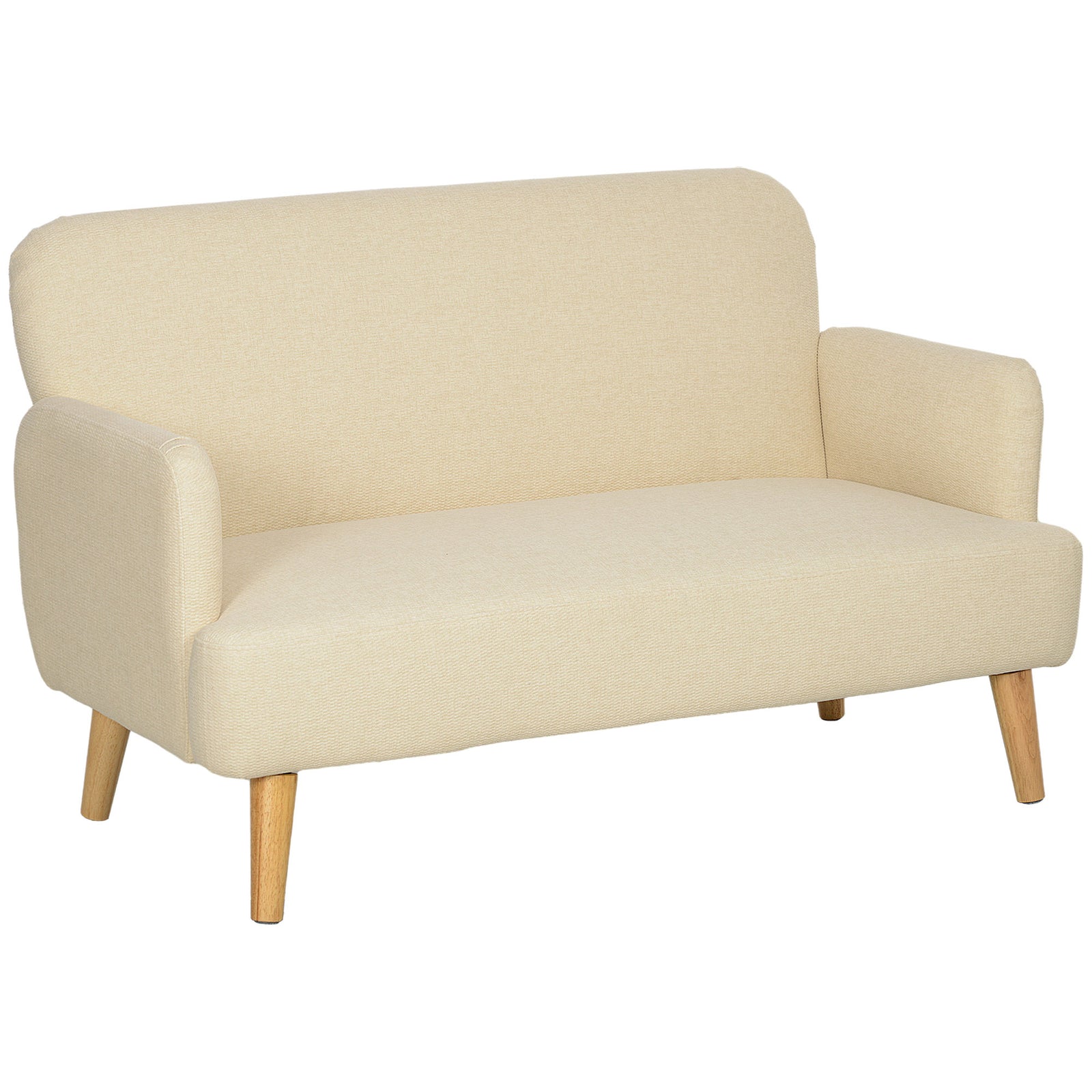 Velvet Feel Fabric 2 Seater Sofa, Small Sofa Loveseat with 21cm Thick Padding and Wood Legs, Cream White