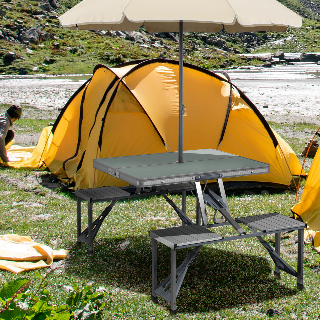 Folding Picnic Table with 4 Seats and Umbrella Hole - Grey