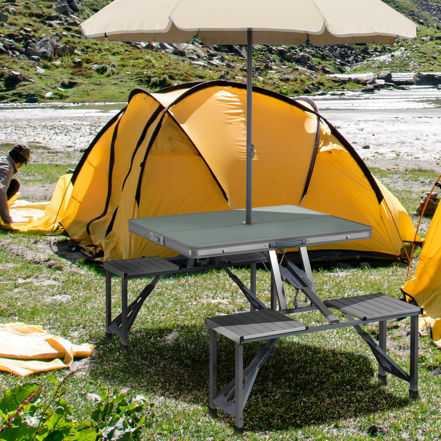 Folding Picnic Table with 4 Seats and Umbrella Hole - Grey