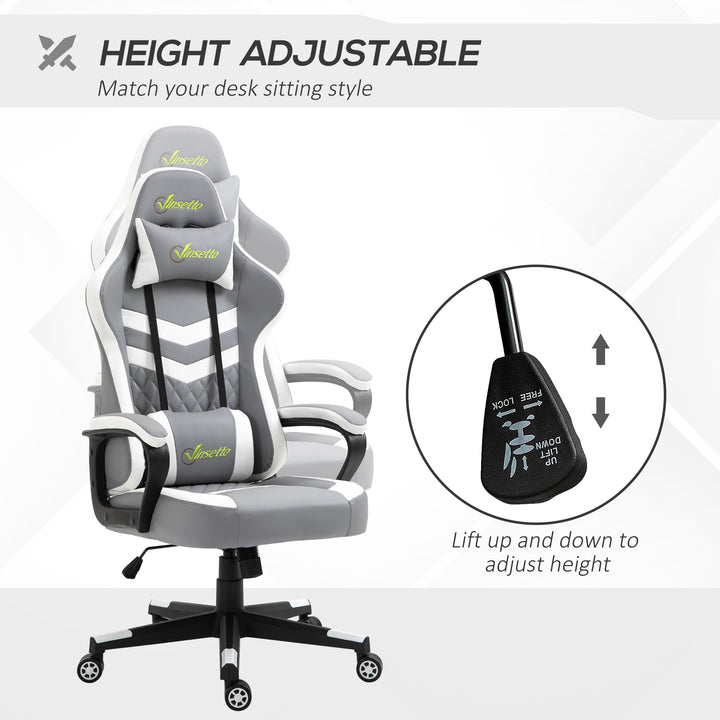Gaming Chair, Computer Desk Chair with Lumbar Support, Faux Leather Racing Chair with Headrest and Swivel Wheels for Home Office, Grey White