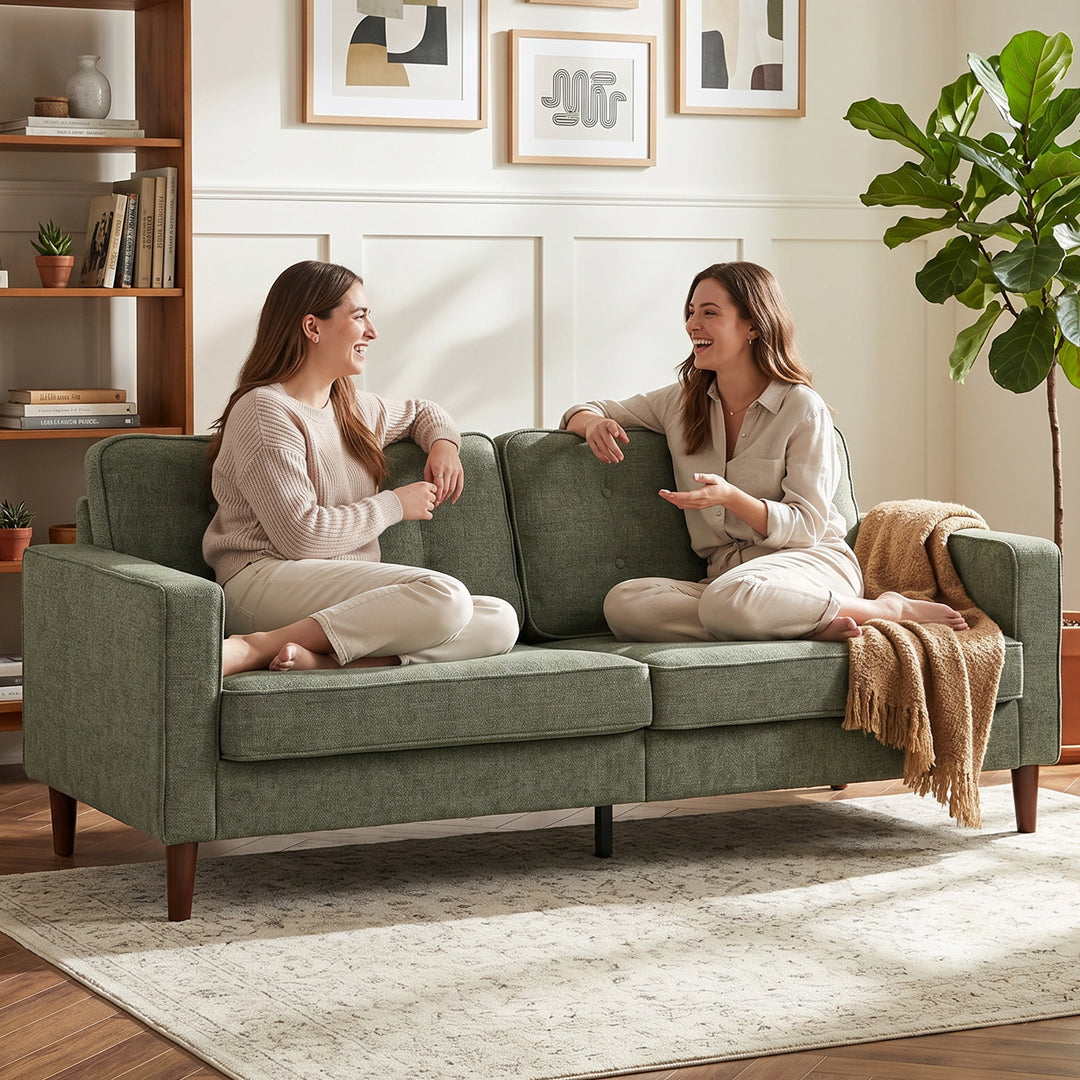 3 Seater Sofa Button Tufted Upholstered Couch with Wood Legs for Livin