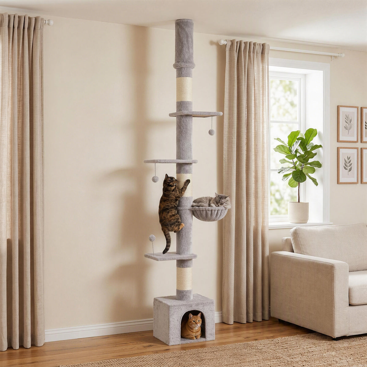 Floor to Ceiling Cat Tree, 230-250cm Multi-Level Cat Tower with - view 2