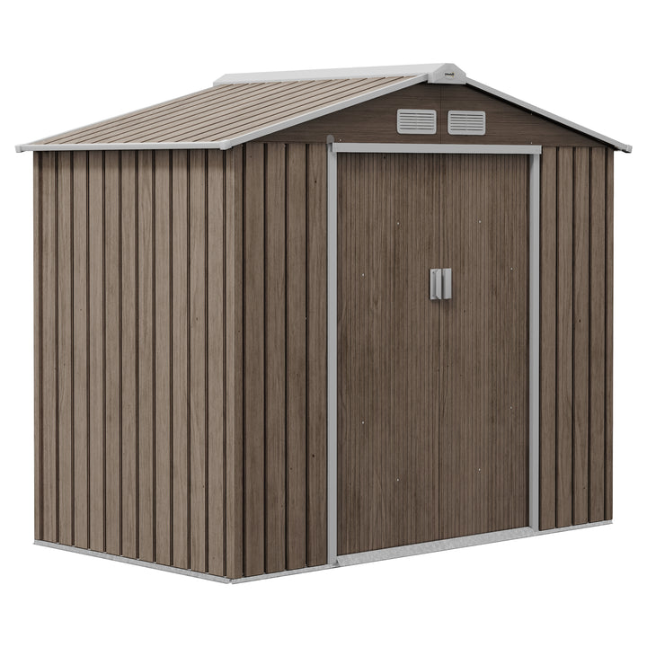 Outsunny 7 x 4ft Metal Garden Storage Shed with Vents, Floor Foundation and Lockable Double Doors, Brown