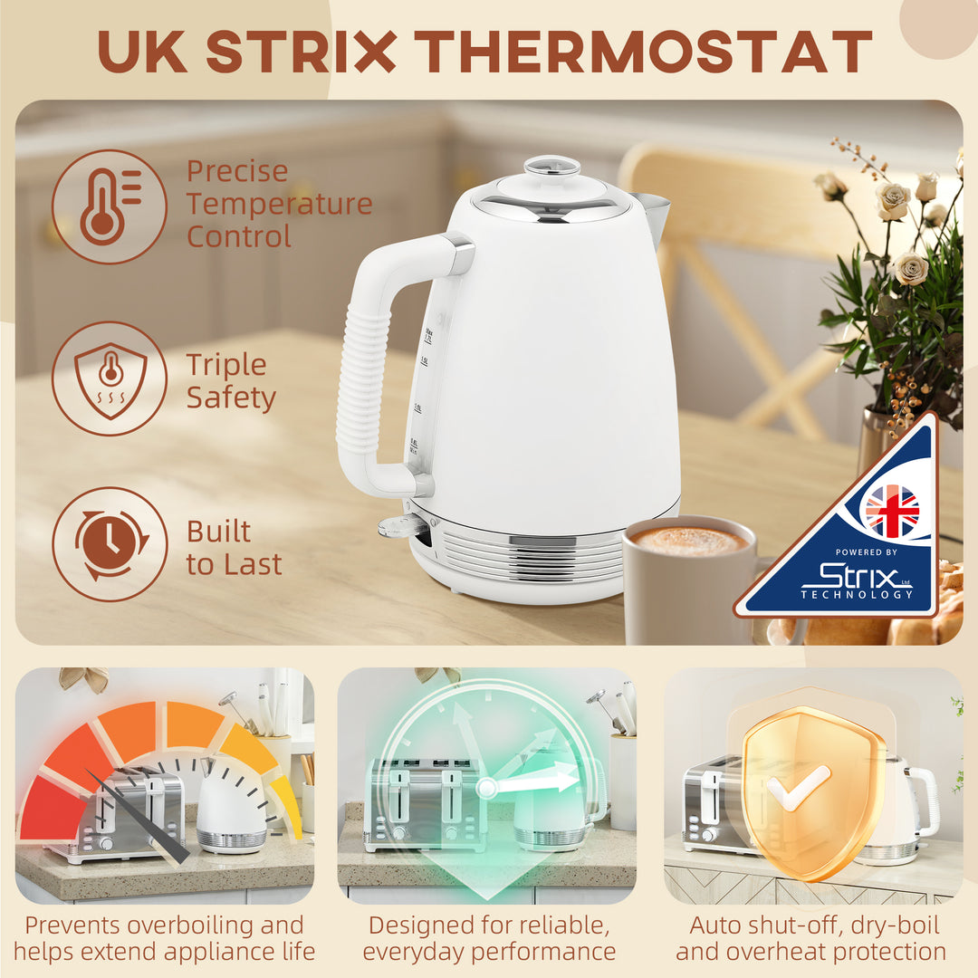 Stainless Steel Kettle and Toaster Set, 1.7L 3000W Rapid Boil Jug Kettle with UK Strix Thermostat, Limescale Filter, 4 Slice Toaster with 7 Browning Controls, Crumb Tray, White and Silver Tone