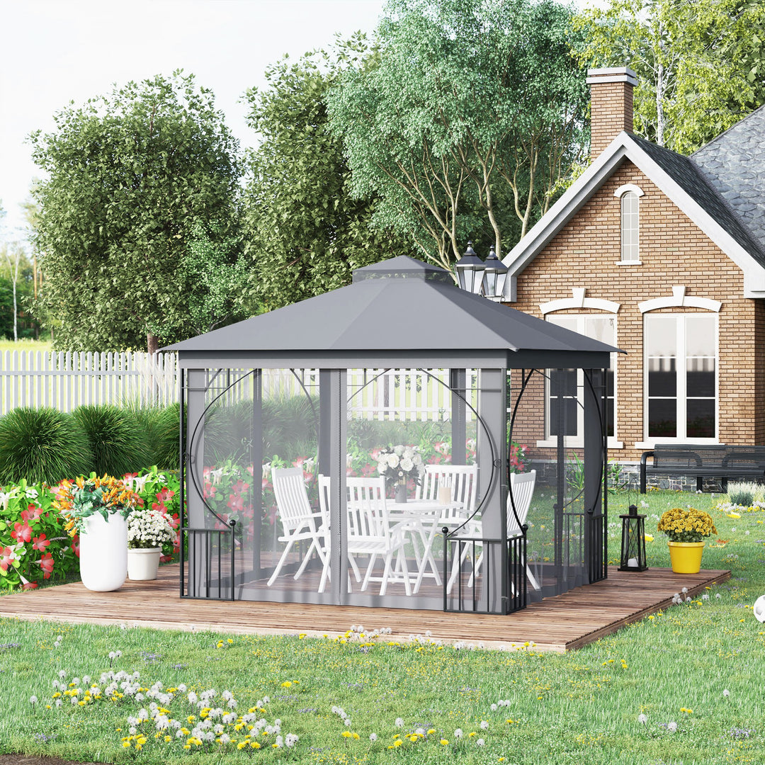 3 x 3(m) Garden Gazebo Patio Party Tent Shelter Outdoor Canopy Double Tier Sun Shade Metal Frame Netting, Light Grey