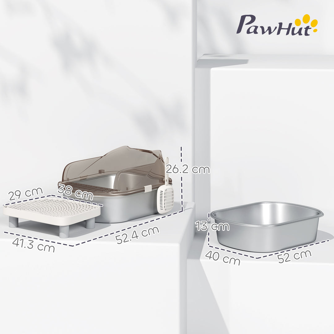 Stainless Steel Litter Box with Lid, High Wall Sided Enclosure, Pedal, Scoop, Non-Sticky, Anti-Leakage, Easy Cleaning