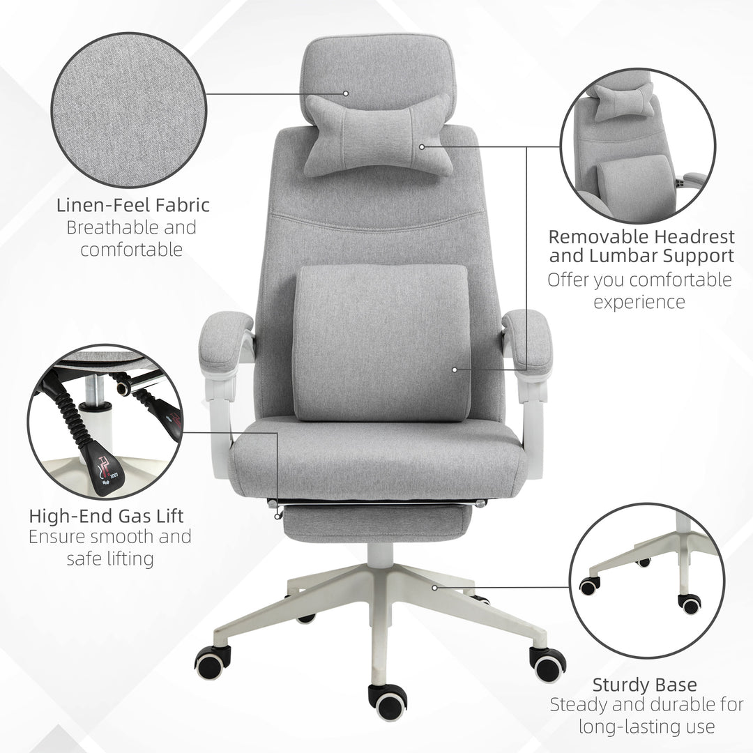 Office Chair, Ergonomic Desk Chair, High Back Fabric Work Chair with 160° Reclining Backrest, Retractable Footrest, Neck and Lumbar Pillow for Home and Study, Grey