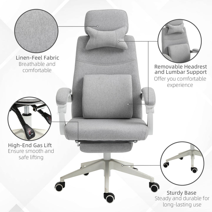 Office Chair, Ergonomic Desk Chair, High Back Fabric Work Chair with 160° Reclining Backrest, Retractable Footrest, Neck and Lumbar Pillow for Home and Study, Grey
