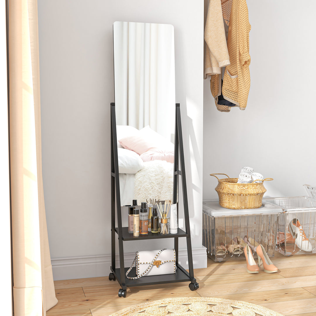 HOMCOM Rolling Full-Length Dressing Mirror on Wheels with Adjustable Angle & Storage Shelves for Bedroom | Aosom UK