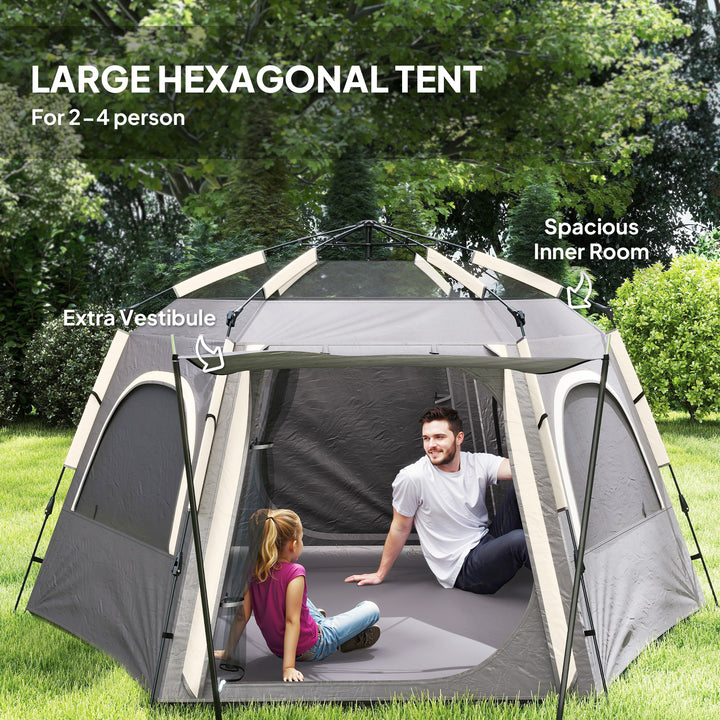 Instant Pop Up Camping Tent, 2/3/4 Person Easy Setup Dome Family Tent with Vestibule, Rainfly, 4 Mesh Windows & 2 Doors, Hexagonal Design, Waterproof & UV Protected, Dark Grey