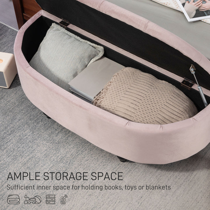 Semi-Circle Ottoman Storage Bench, Bed End Bench, Tufted Upholstered Window Seat Footrest Stool with Rubberwood Legs for Bedroom & Entryway, 120 x 46 x 42 cm, Pink