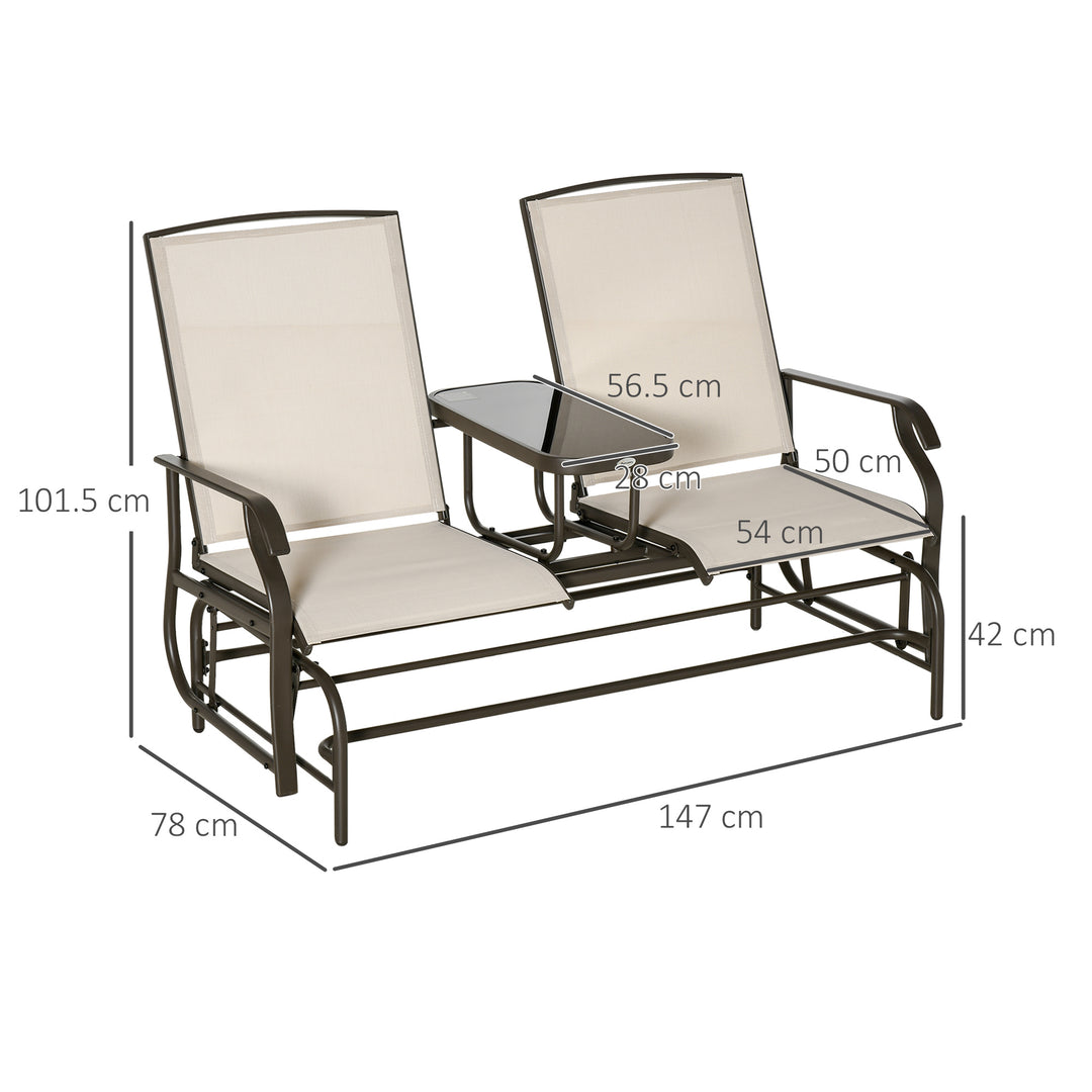 2 Seats Garden Glider Bench, Metal Frame Loveseat with Glass Top Centre Table, Porch Rocking Glider for 2 Person, for Deck, Patio, Brown/ Khaki
