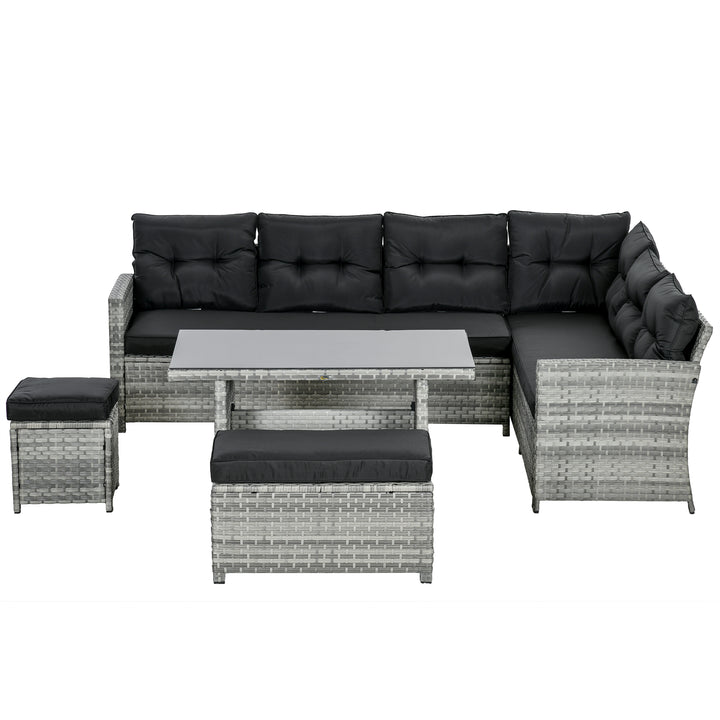 Outsunny 5-Piece Rattan Patio Furniture Set with Corner Sofa, Footstools, Glass Coffee Table, Cushions, Mixed Grey