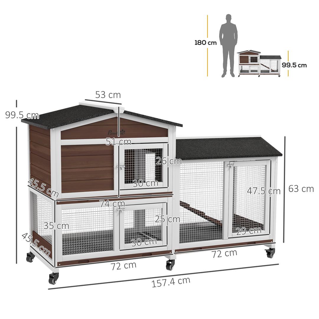 PawHut Pet Hutch, Wooden Two-Tier, with Wheels and Run, Durable, Brown | Aosom UK