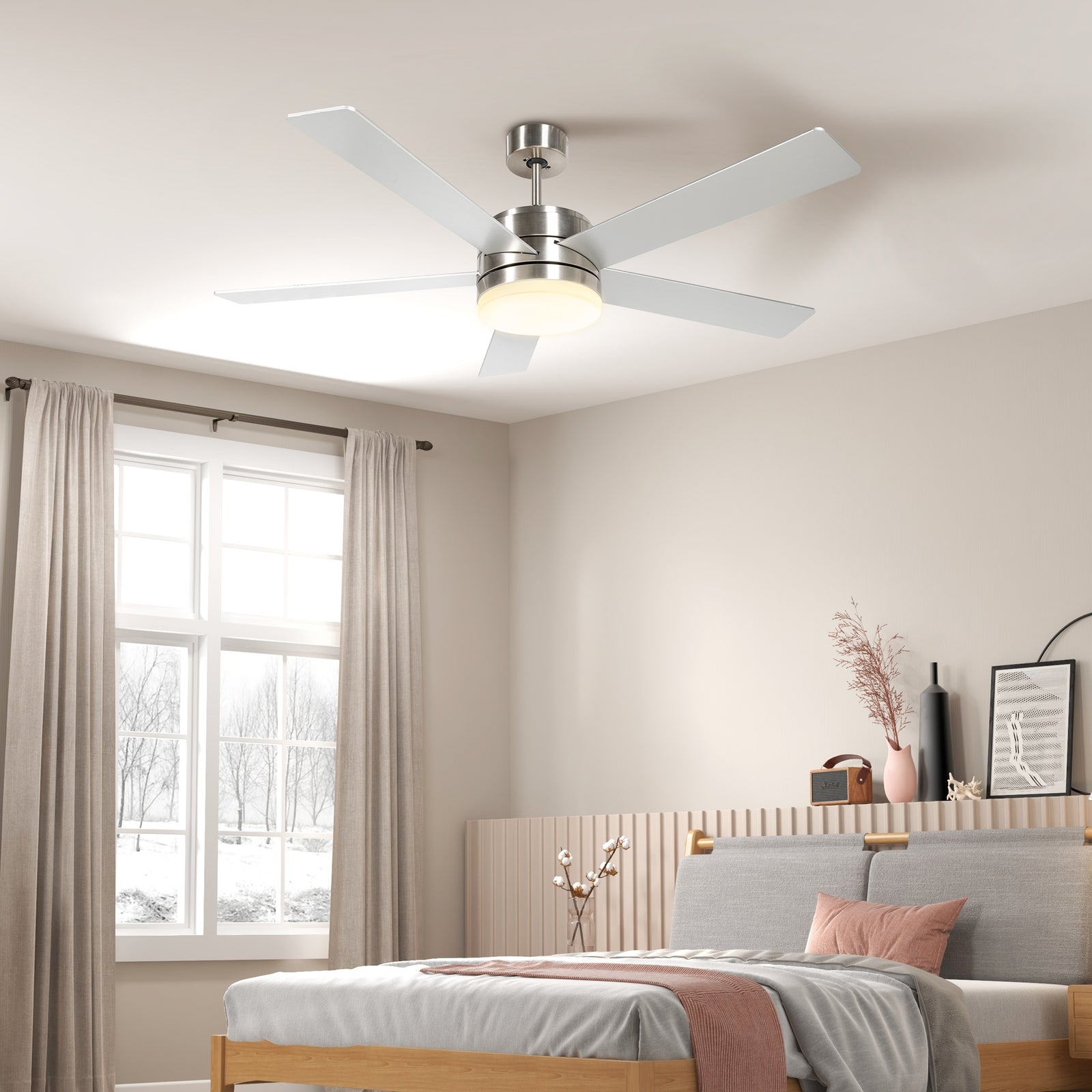 52" Ceiling Fans with Light and Remote, 132CM LED Ceiling Fan with 5 Blades, 5-Speed, Timer, Quiet Reversible DC Motor, for Bedroom, Living Room, Silver and Beech Wood-effect