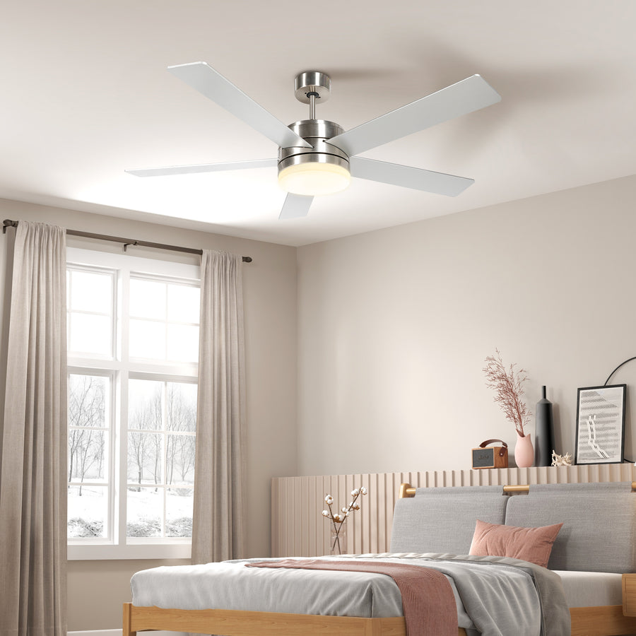 52" Ceiling Fans with Light and Remote, 132CM LED Ceiling Fan with 5 Blades, 5-Speed, Timer, Quiet Reversible DC Motor, for Bedroom, Living Room, Silver and Beech Wood-effect