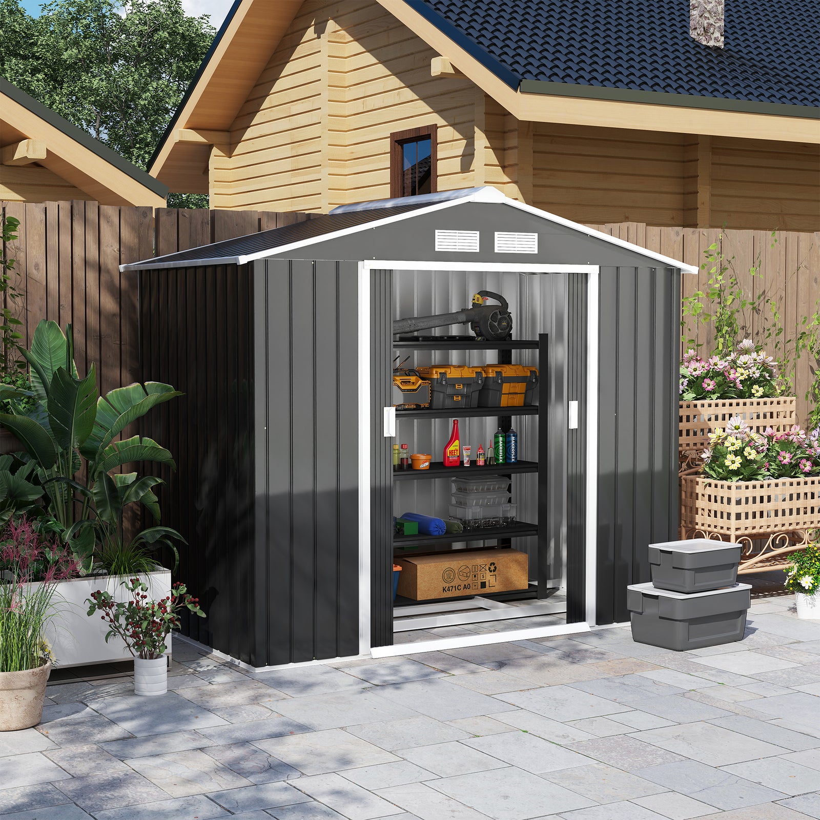 7 x 4ft Weatherproof Shed, Outdoor Bike Storage Shed with Ventilation Slots, Foundation Kit and Lockable Double Doors, Dark Grey