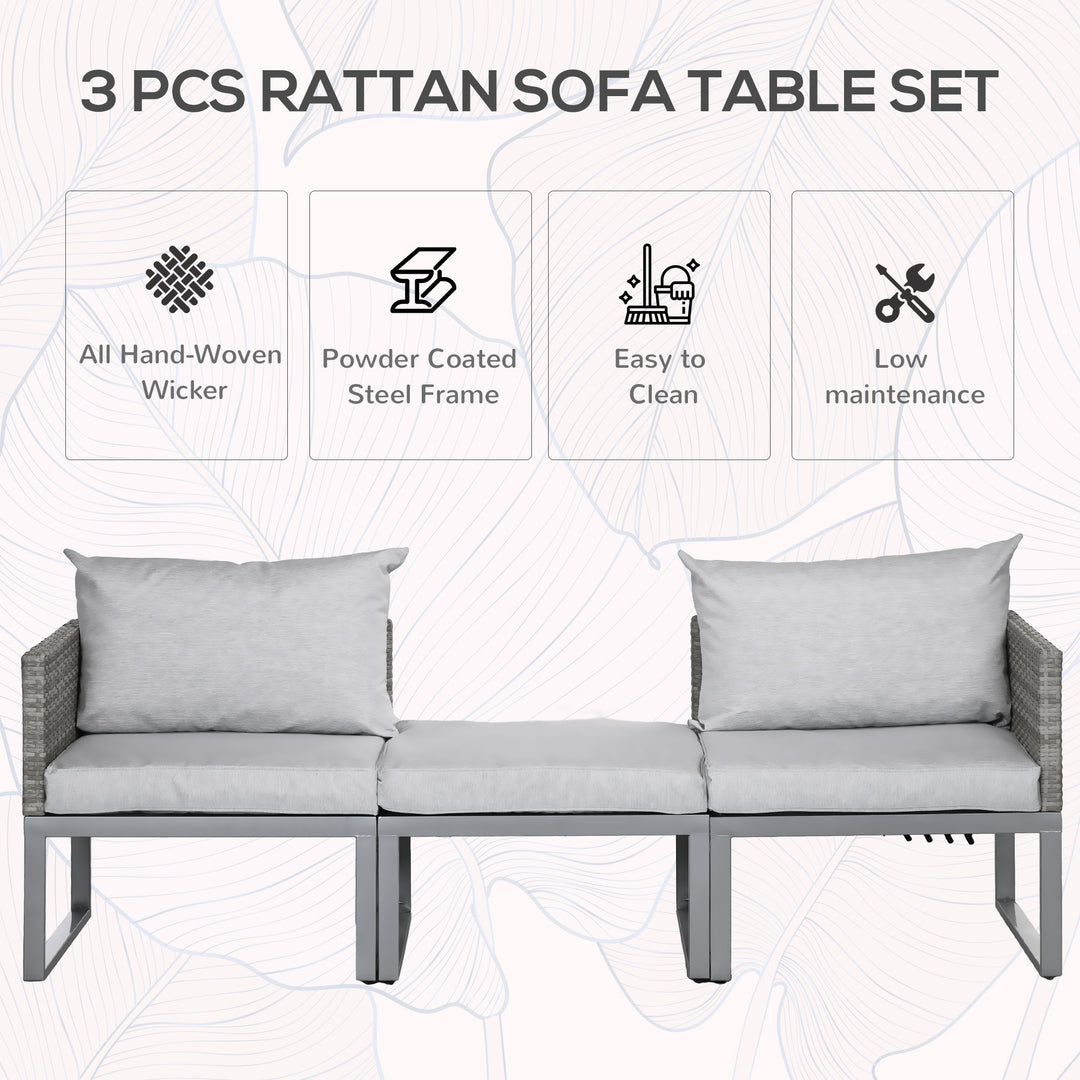 3-in-1 Rattan Bistro Set, Wicker Garden Furniture Set with 2-level Rising Table, Adjustable 3-seater Sofa Lounger with Washable Cushions for Outdoor, Patio, Balcony, Grey