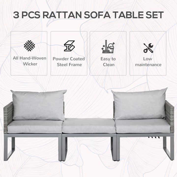 3-in-1 Rattan Bistro Set, Wicker Garden Furniture Set with 2-level Rising Table, Adjustable 3-seater Sofa Lounger with Washable Cushions for Outdoor, Patio, Balcony, Grey