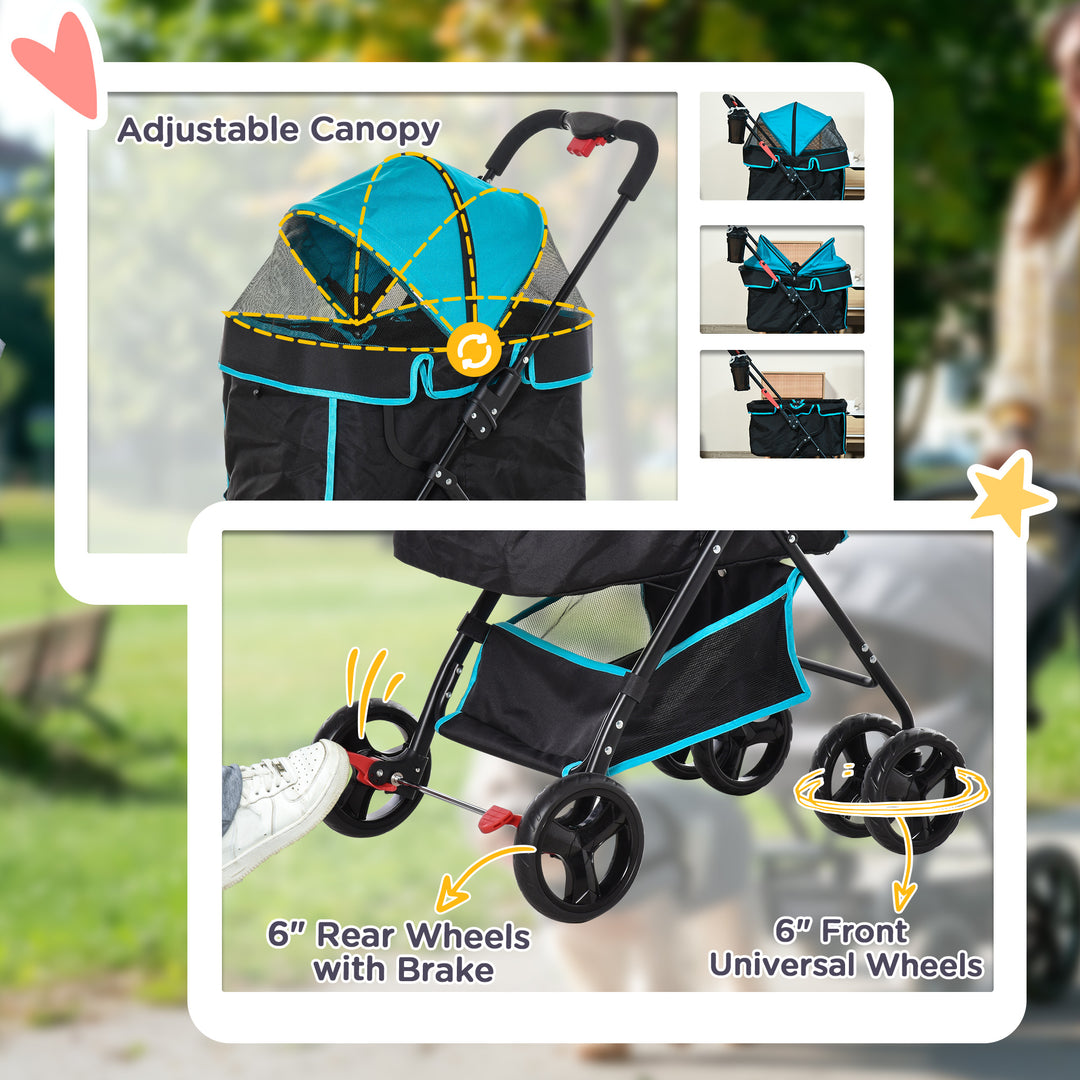 PawHut Dog Stroller Dog Pram Cat Stroller with Cup Holder, Bottom Storage Pocket & Zipper to Keep Your Pet Strapped in, Black & Blue | Aosom UK