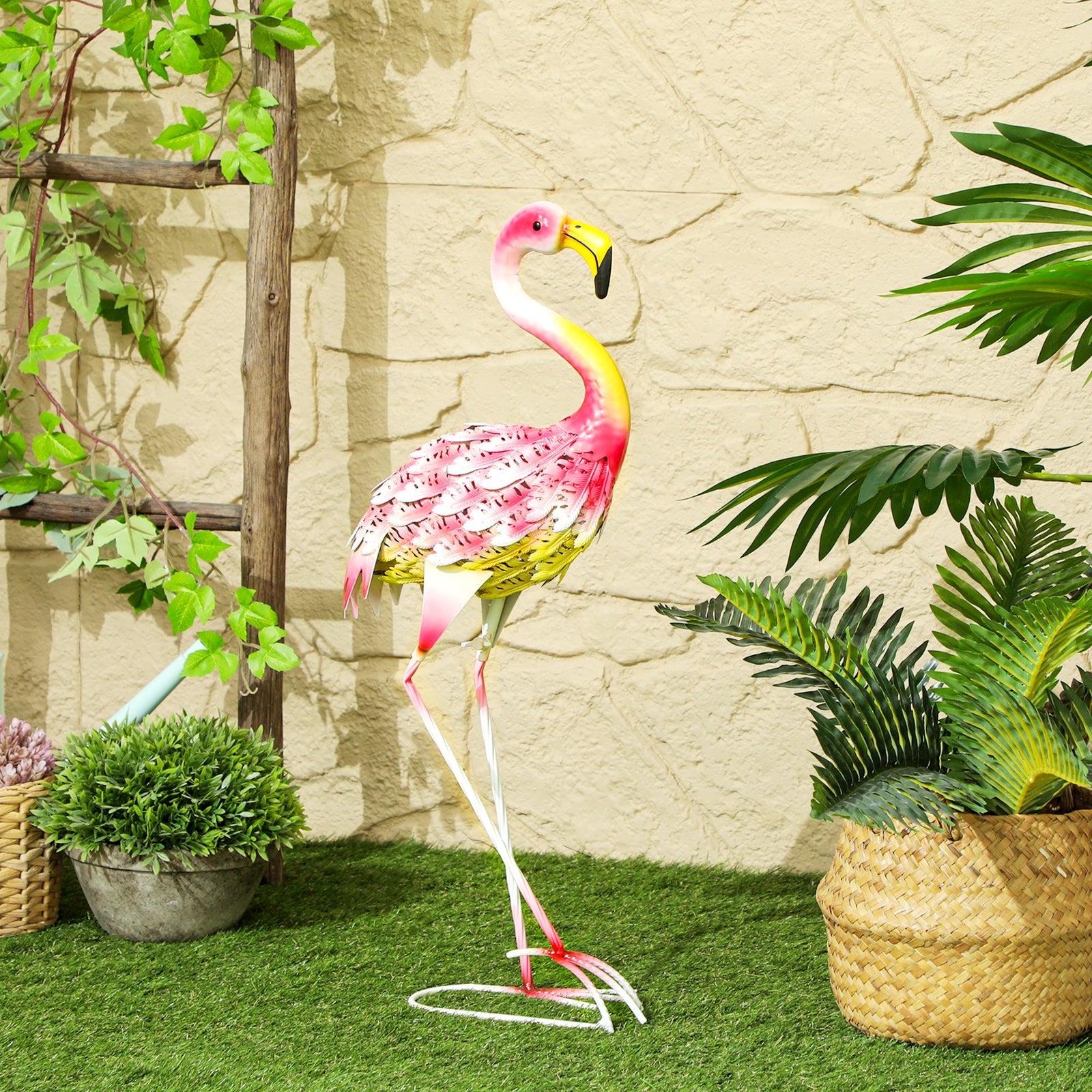 Flamingo Garden Statue Ornament, Metal Bird Art Outdoor Statue, Standi