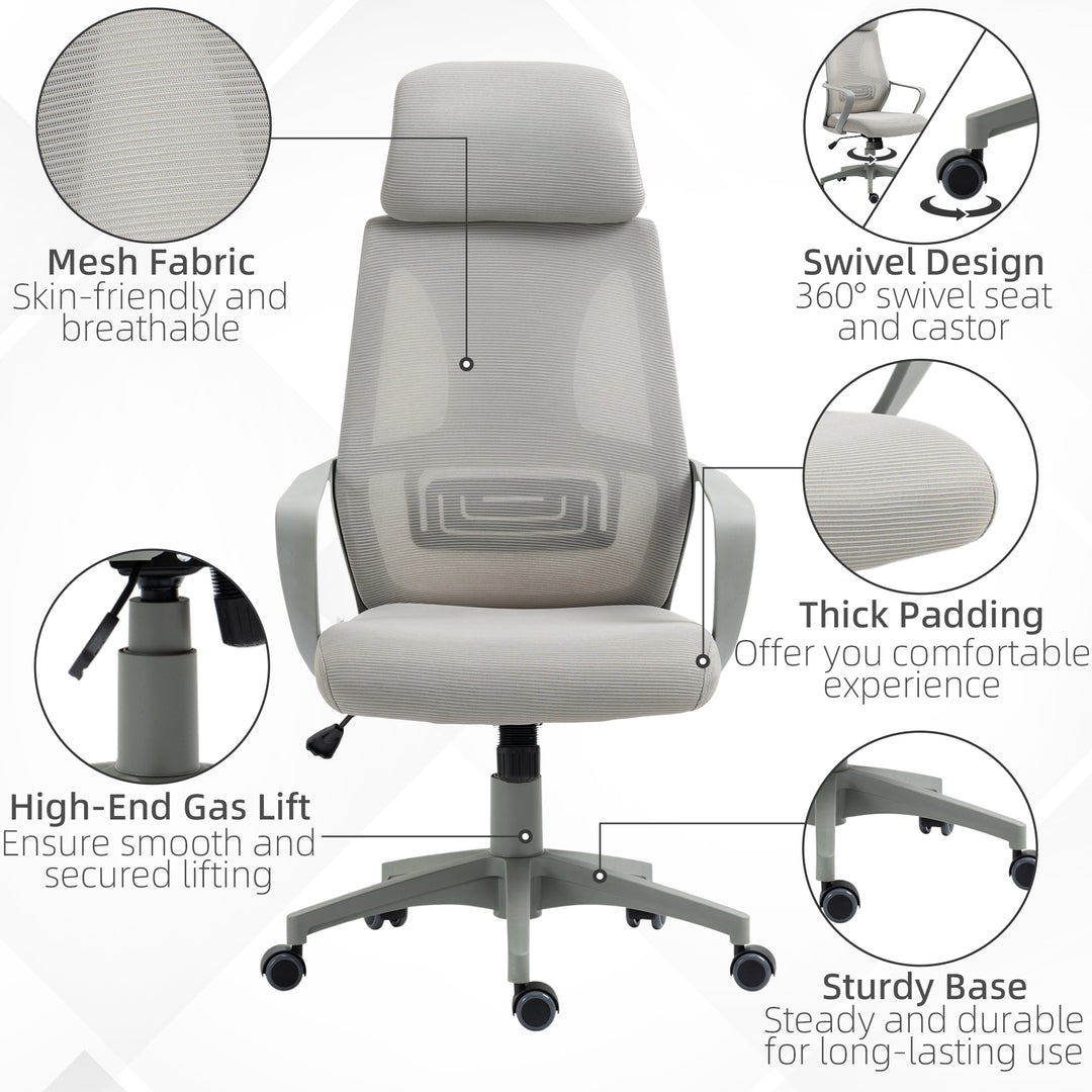Ergonomic Office Chair, High Back Computer Chair, Mesh Desk Chair with Lumbar Support, Headrest, Wheel, Adjustable Height, Grey