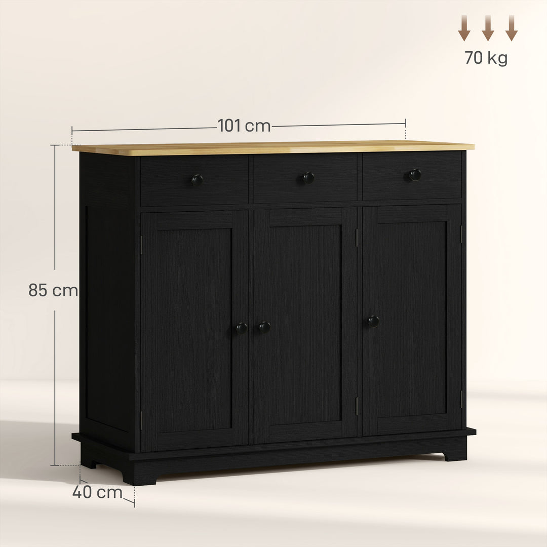 Sideboard with Rubberwood Top and Adjustable Shelves for Dining Room, Kitchen - Black Wood-Effect