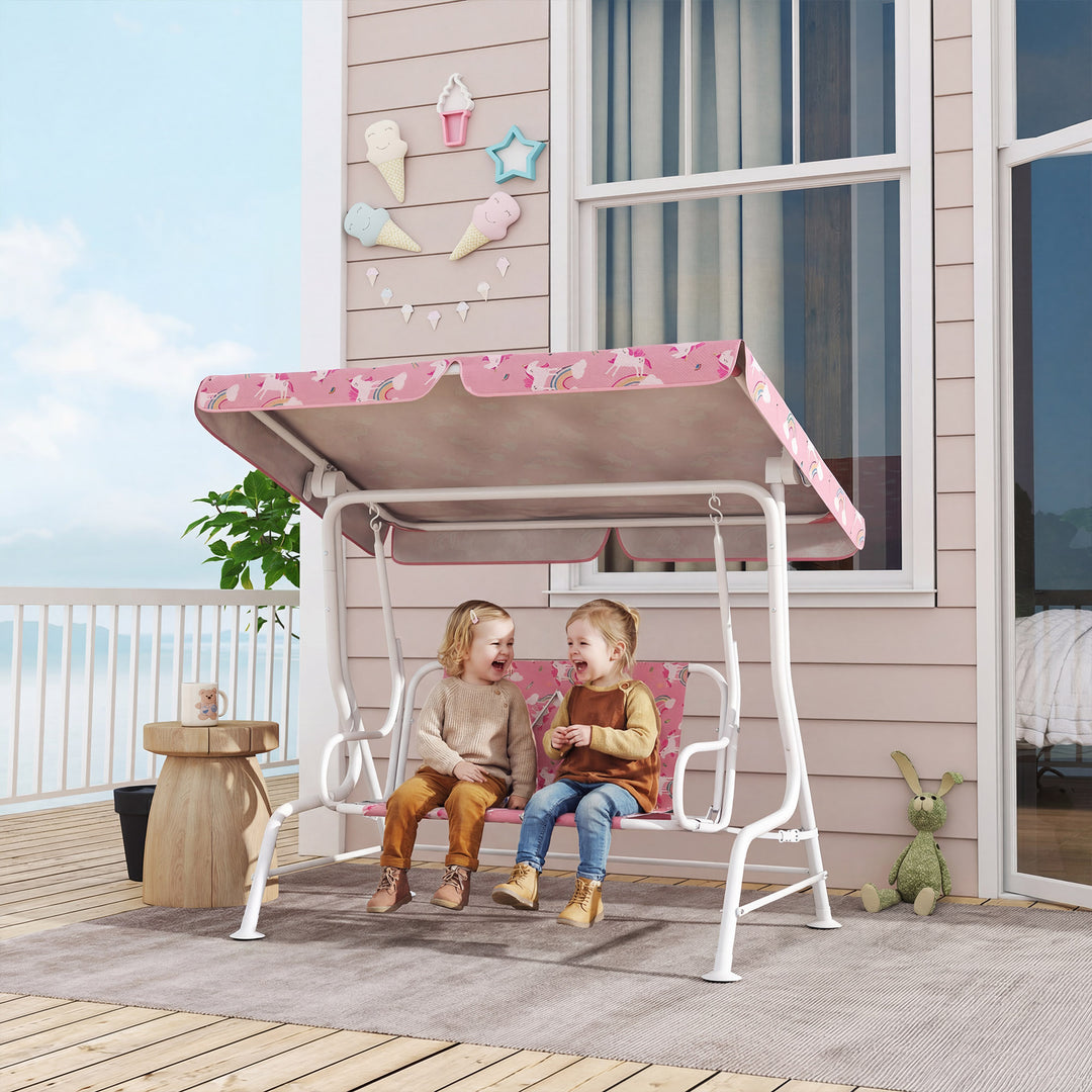 Kids Porch Swing, 2-Seater Patio Swing Bench Hammock with Seat Belts, Adjustable Canopy for Garden - Pink