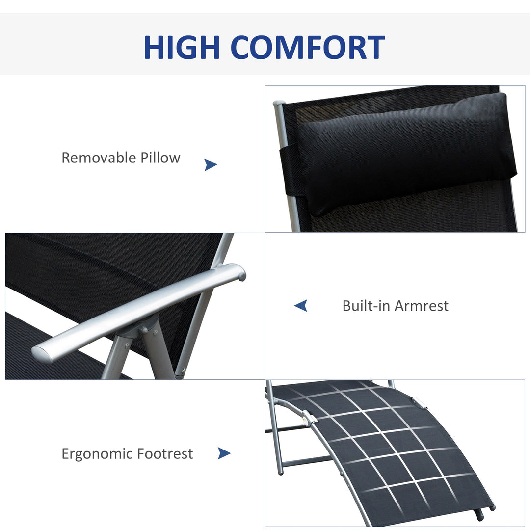 Sun Lounger Steel Frame Outdoor Folding Chaise Texteline Lounge Chair Recliner with Headrest & 7 Levels Adjustable Backrest, Black
