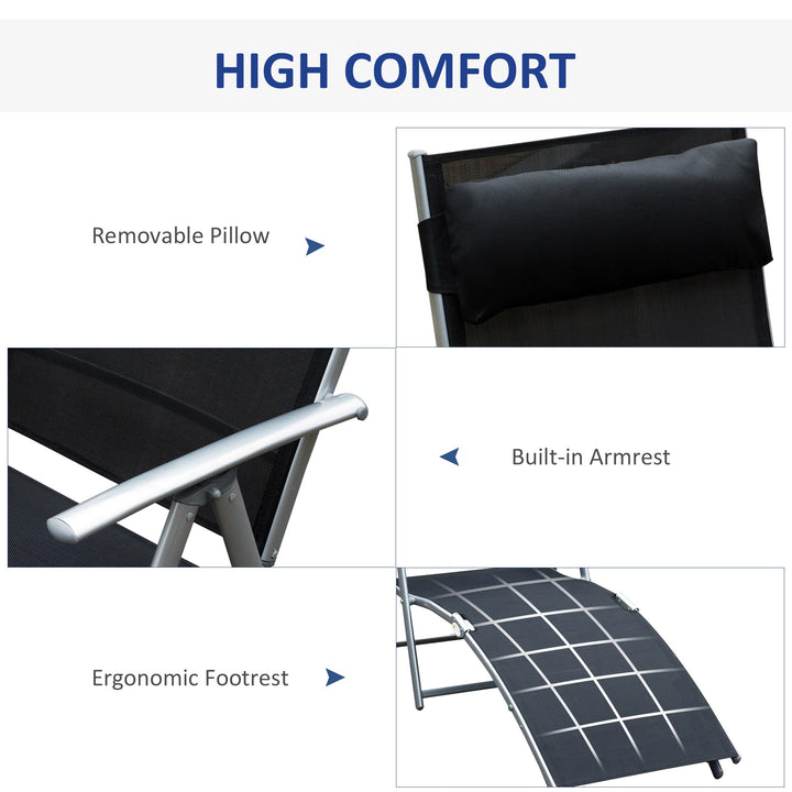Sun Lounger Steel Frame Outdoor Folding Chaise Texteline Lounge Chair Recliner with Headrest & 7 Levels Adjustable Backrest, Black